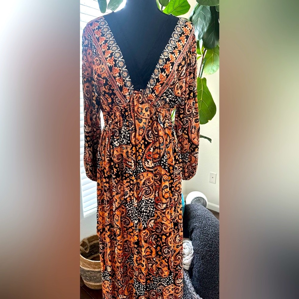 Angie - Angie Paisley Maxi Dress with side slits and Empire Waist, L